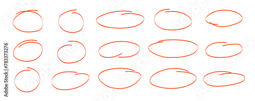 Hand drawn oval doodle red stroke set. Line oval round vector brush. Oval hand drawn sketch frame illustration. © kolonko