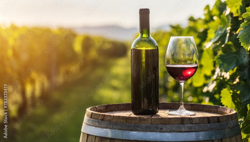 bottle and wineglasses on barrel in vineyard at sunset generative ai