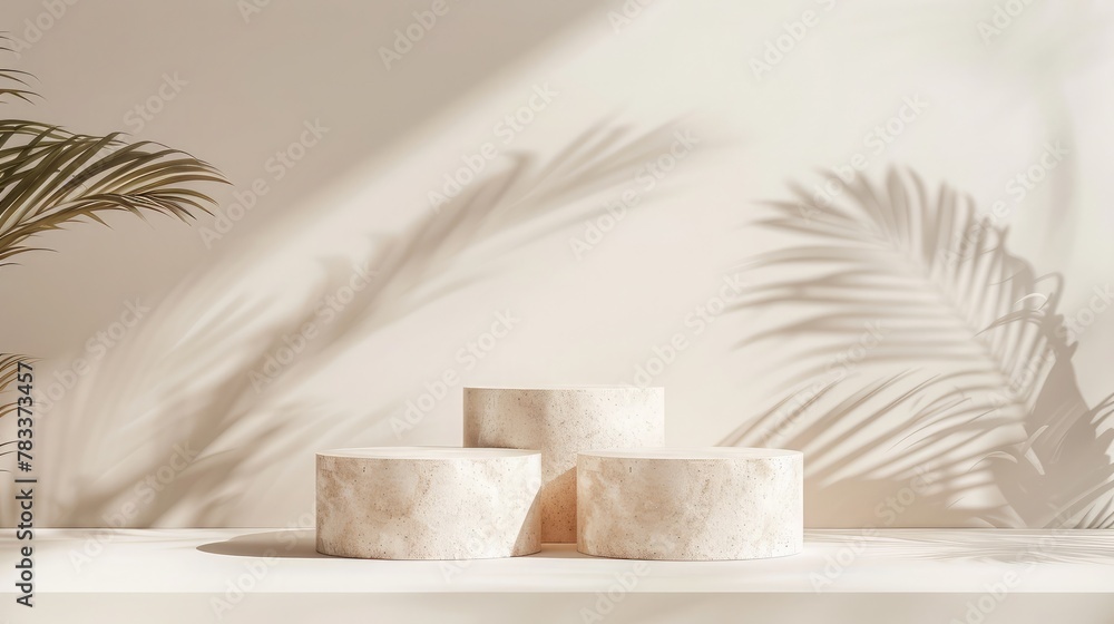 Blank product three podium. Minimal scene mockup with 3 stone, product podium with copy space, promotions, cosmetic product showcases. copy space Blank product three podium. Minimal scene mockup with 3 stone, product podium with copy space, promotions, cosmetic product showcases. copy space