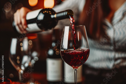 Hand pouring red wine into a glass with a bar background
