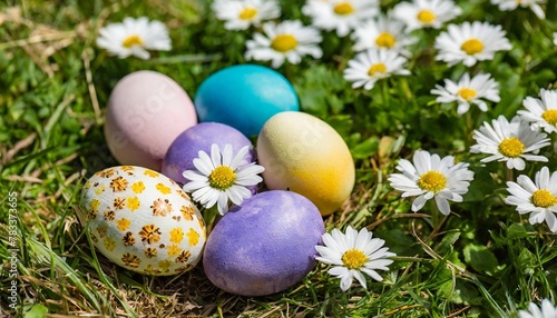 art decorated easter eggs in the grass with daisies