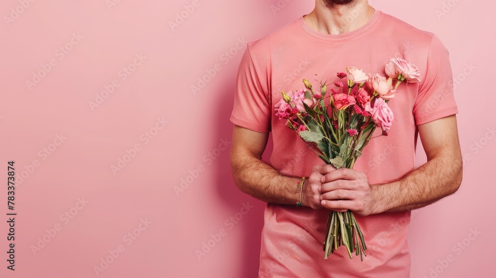 Close up cropped photo of male hold in hands bouquet of flowers isolated on pastel pink wall background. Copy space advertising mock up. Valentine's Day Women's Day birthday holiday party