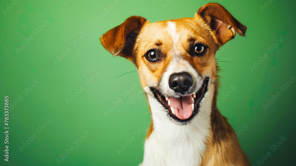 Happy Young Dog in a Mystical Green Background