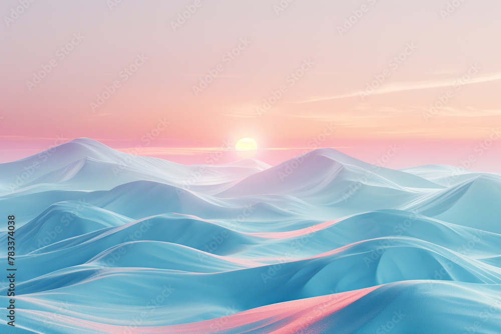 Minimalistic 3D abstract landscape featuring rolling hills and calming pastel sunrise 