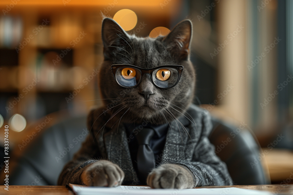 Solid cat with glasses, dressed in classic luxury elegant black suit, sitting at desk in luxury office or meeting room. Cat looks like a businessman, boss, company director, manager, lawyer, professor