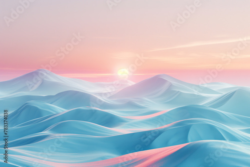 Minimalistic 3D abstract landscape featuring rolling hills and calming pastel sunrise 