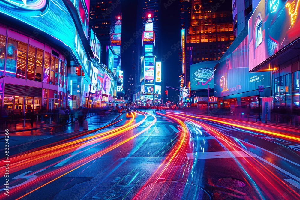 An electrifying swirl of neon light trails illuminating the bustling city street at night with vibrant hues An electrifying swirl of neon light trails illuminating the bustling city street at night with vibrant hues