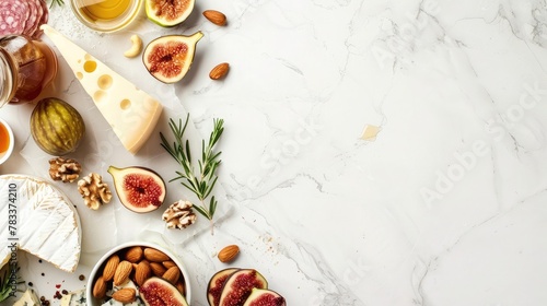 Wallpaper Mural Corner border of a selection of cheeses, figs, nuts and honey. Above view banner on a white marble background with copy space Torontodigital.ca