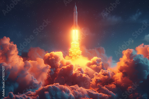Abstract 3d rocket launch. Digital business startup concept 