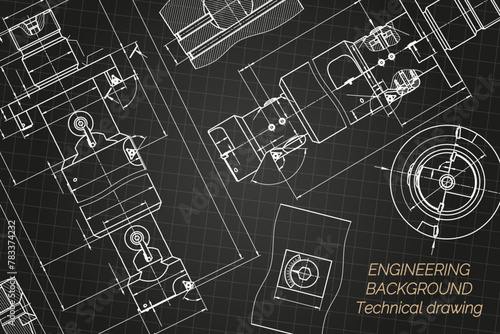 Mechanical engineering drawings on black background. Tap tools, borer. Technical Design. Cover. Blueprint. Vector illustration.