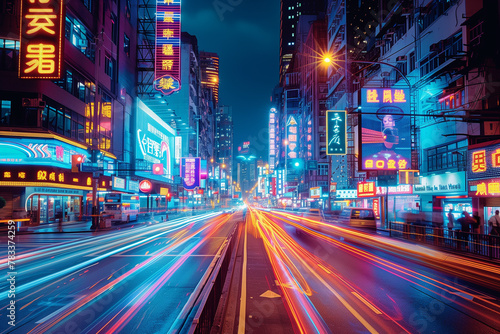 An electrifying swirl of neon light trails illuminating the bustling city street at night with vibrant hues