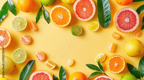 Creative background made of summer tropical fruits with leaves, grapefruit, orange, tangerine, lemon, lime on pastel yellow background. Food concept. Flat lay, top view, copy space