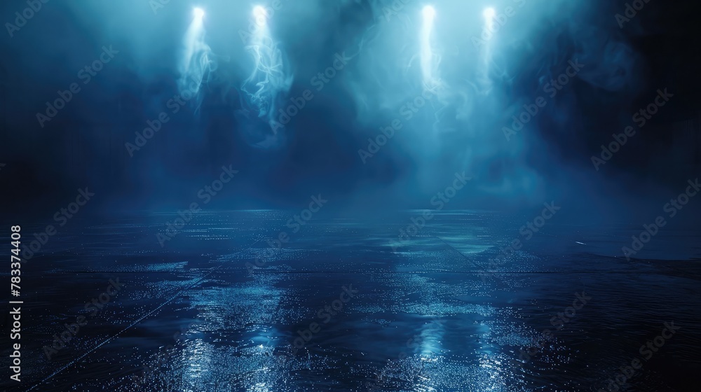 Dark street, wet asphalt, reflections of rays in the water. Abstract dark blue background, smoke, smog. Empty dark scene, neon light, spotlights. Concrete floor Dark street, wet asphalt, reflections of rays in the water. Abstract dark blue background, smoke, smog. Empty dark scene, neon light, spotlights. Concrete floor