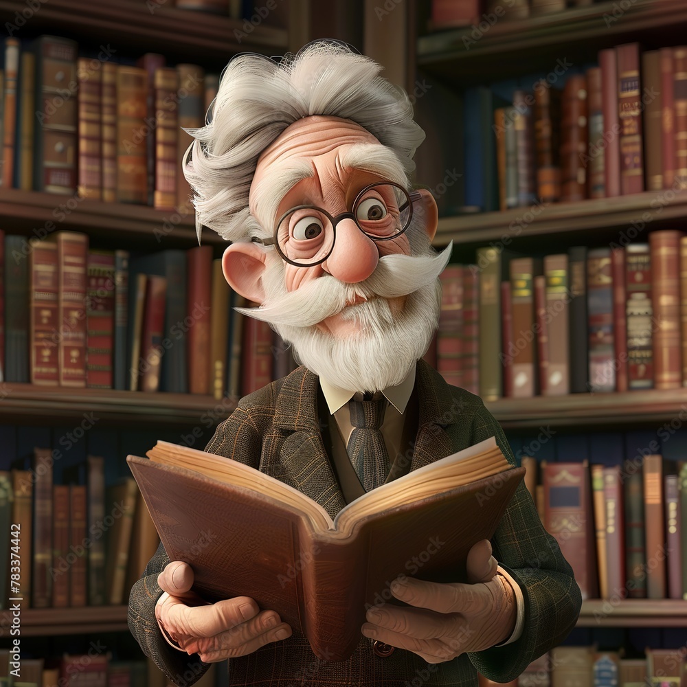 3d cartoon illustration of old man reading a book in library