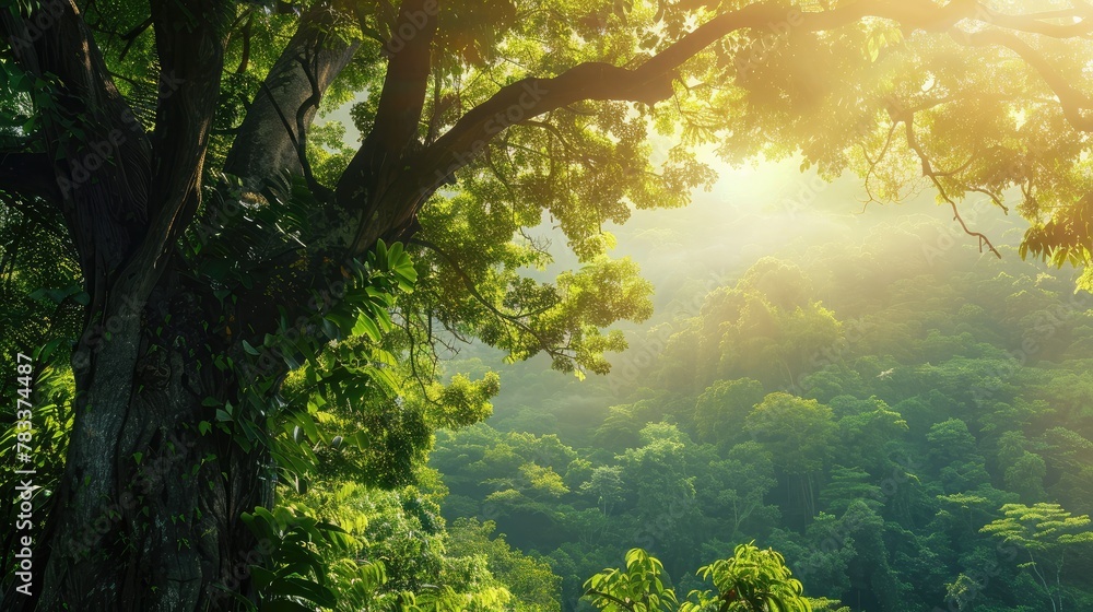 Obraz premium Earth Day eco concept with tropical forest background, natural forestation preservation scene with canopy tree in the wild, concept on sustainability and environmental renewable