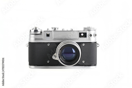 The rare old rangefinder film camera with lens on white background.