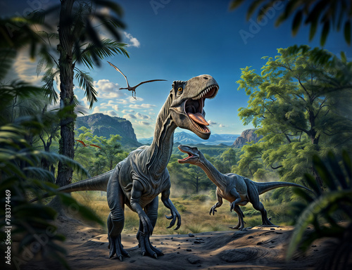 Two dinosaurs standing in a lush landscape with palm trees and a blue sky.