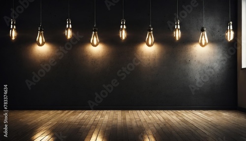 room with smooth concrete black wall and hanging bulbs with light effect wooden ground modern design living photo