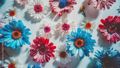 vibrant daisy pattern on white surface with blue pink and red flowers for background or design concept