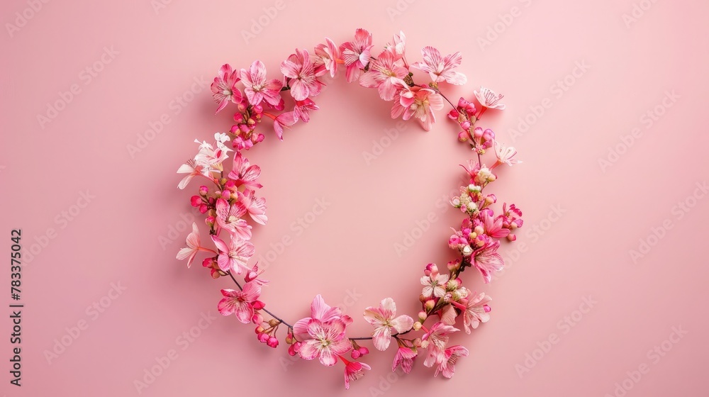 Flowers composition. Wreath made of pink flowers on pink background. Flat lay, top view, copy space Flowers composition. Wreath made of pink flowers on pink background. Flat lay, top view, copy space