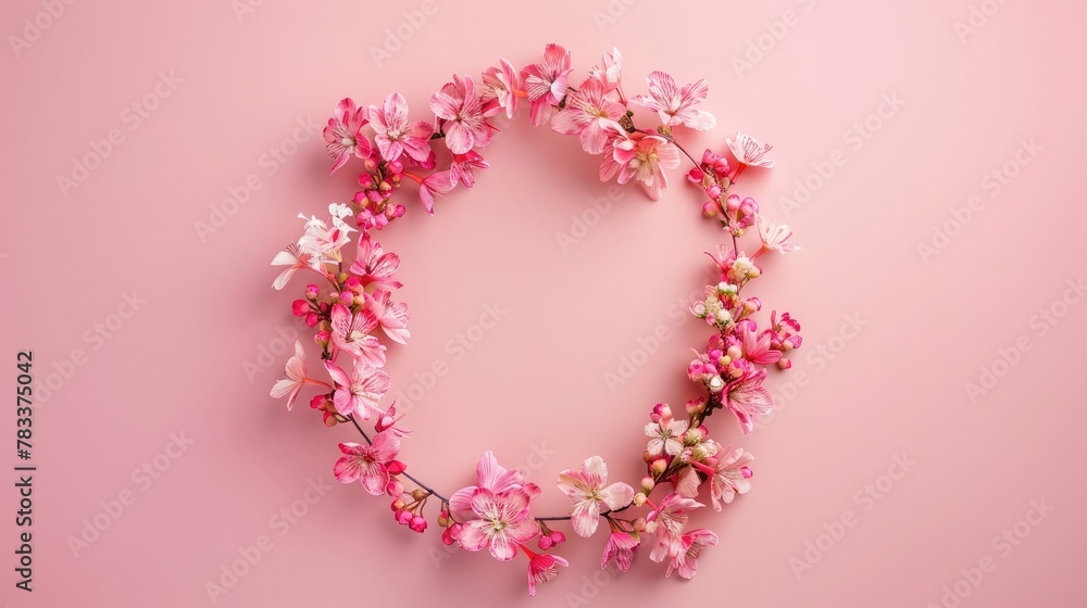 Flowers composition. Wreath made of pink flowers on pink background. Flat lay, top view, copy space