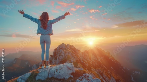 Freedom woman open arms at sunrise mountain peak wellness concept © buraratn