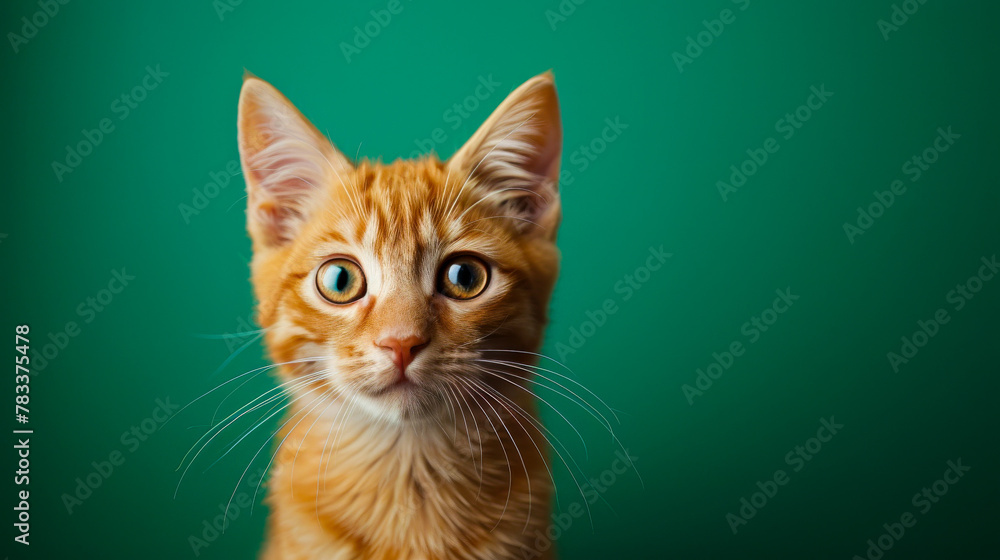 Young Cat Posing on a Solid Green Background
