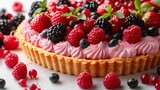   A tart topped with raspberries and blueberries on a pristine white surface