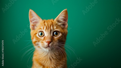Young Cat Posing on a Solid Green Background 