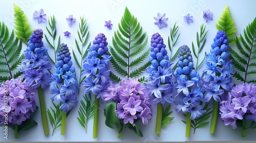  Group of blue and purple flowers adjacent to a green leafy plant against a white backdrop or..Blue and purple blossoms near a green leafy plant on a white