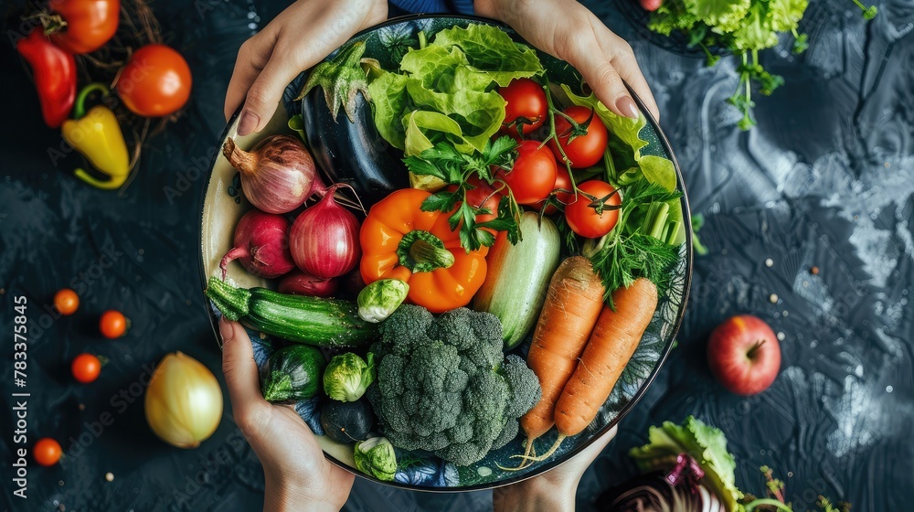 Hands holding big plate with different fresh farm vegetables. Autumn harvest and healthy organic food concept Hands holding big plate with different fresh farm vegetables. Autumn harvest and healthy organic food concept
