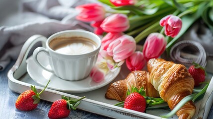 Happy mother's day, beautiful breakfast, lunch with cup of coffee (cappuccino) fresh croissants, strawberries on tray, bouquet of tulips as gift. Festive concept. Spring holiday, family relations