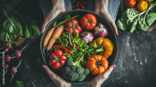 Hands holding big plate with different fresh farm vegetables. Autumn harvest and healthy organic food concept photo