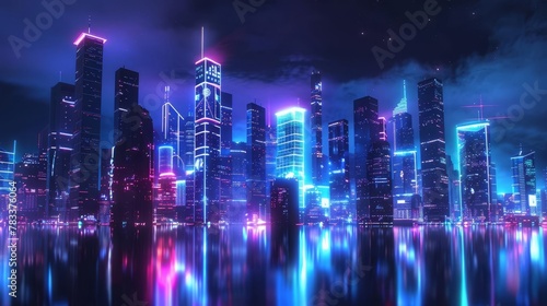 futuristic neonlit cityscape at night cyberpunk style 3d illustration