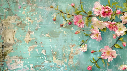 Lovely flowers on turquoise shabby chic background. Festive greeting card