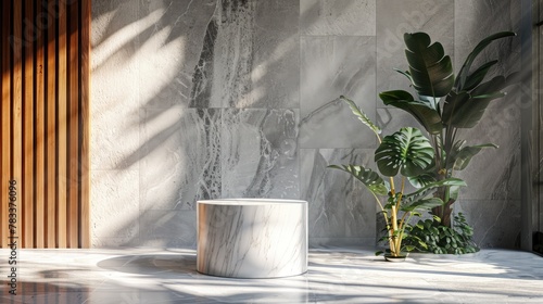 Luxurious stonemarble pedestal basks in foliage gobo sunlight. Wooden rod backdrop adds depth and elegance. Ideal for premium product showcases and sophisticated designs. photo