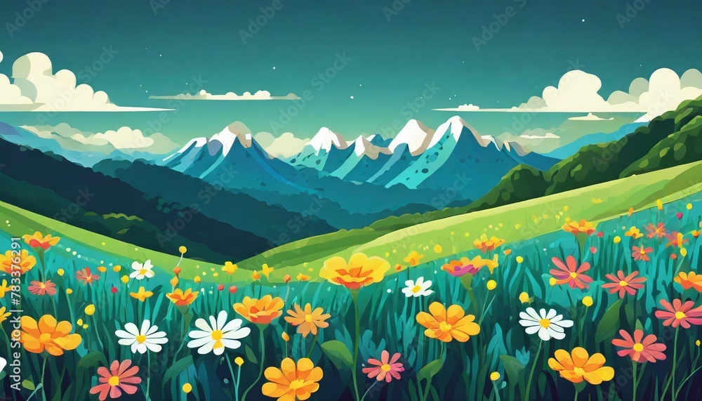 cheerful nature landscape with copy space banner with spring summer flowers field panoramic kids flat illustration of meadow with wildflowers on a background of mountains blue sky and clouds