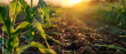 Sunset Survey of Herbicide-Impacted Cornfield. Concept Agricultural Impact, Sunset Photography, Herbicide Usage, Cornfield Study, Environmental Concerns