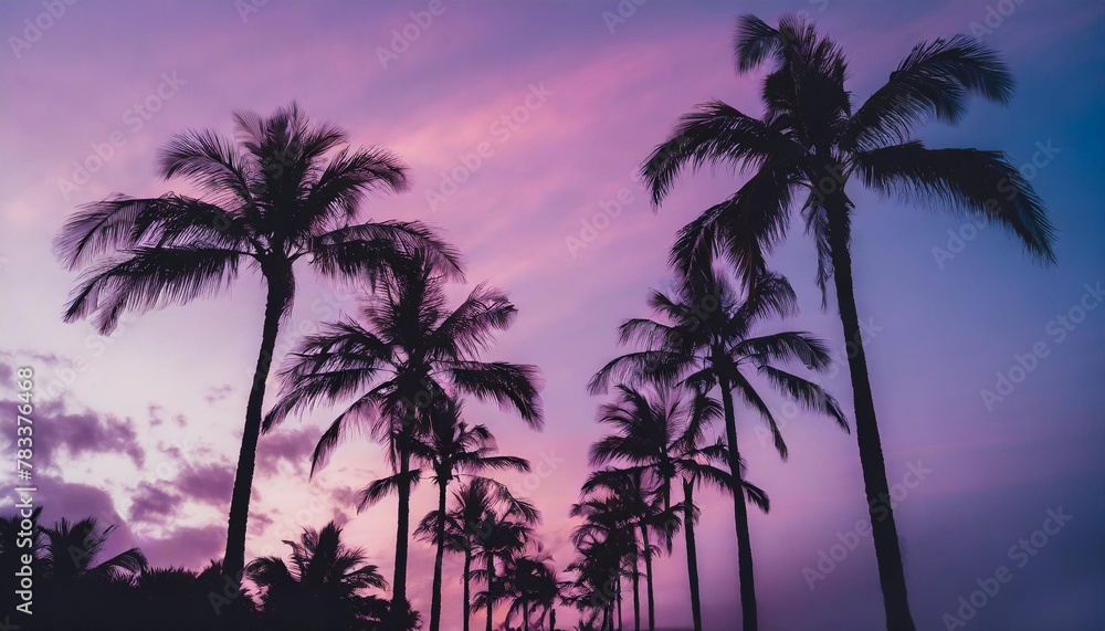 palm trees framed by purple and pink shades of sunset create an incredible sight