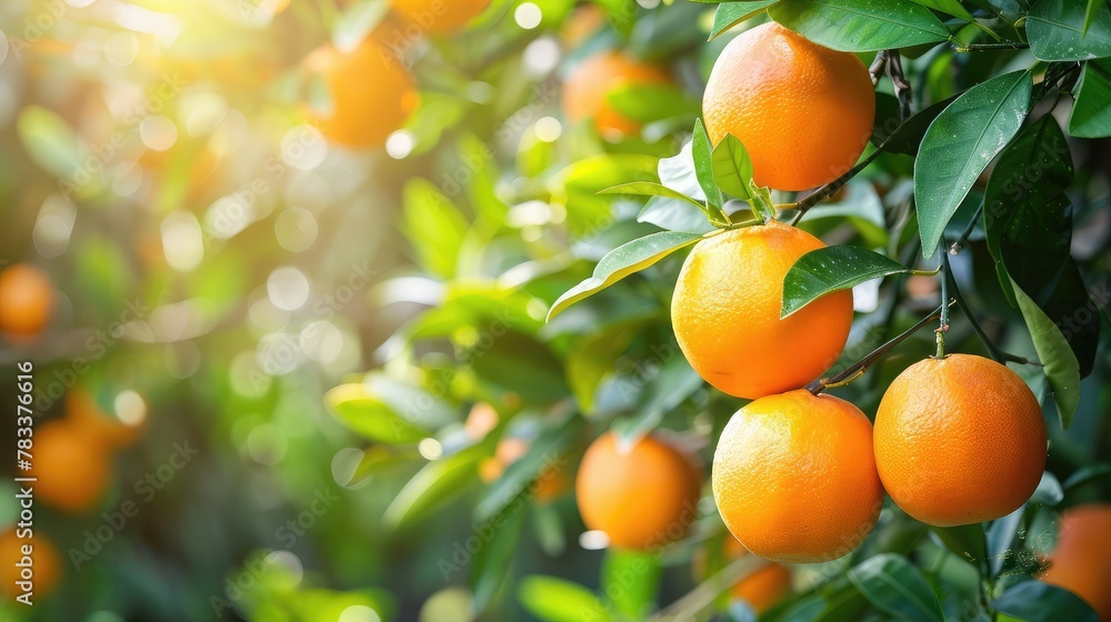 orange tree in the garden are excellent source of vitamin C. Green organic orange citrus fruit hanging on tree orange tree in the garden are excellent source of vitamin C. Green organic orange citrus fruit hanging on tree
