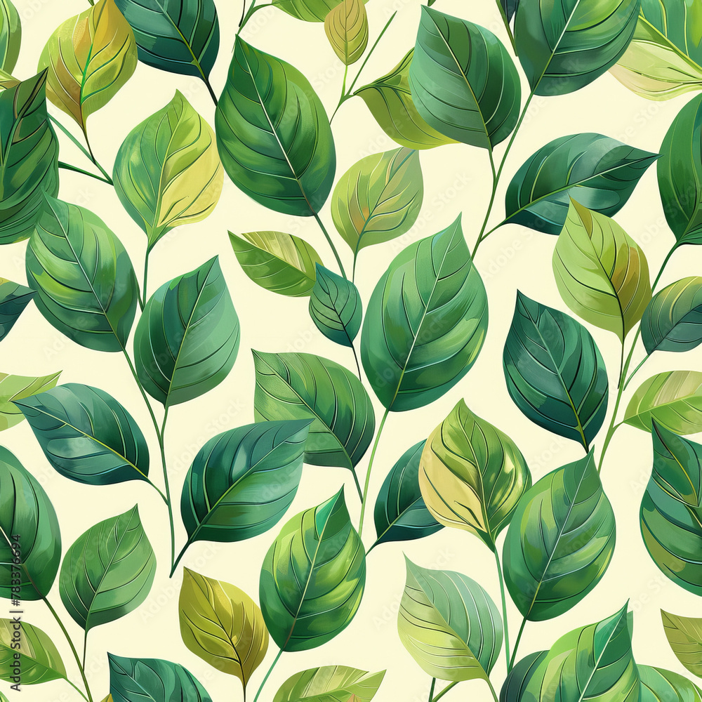 Fototapeta premium Vibrant Green Leaves Seamless Pattern for Eco-Friendly Backgrounds and Nature-Themed Designs