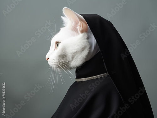 A serene white cat, adorned in a nun's habit.