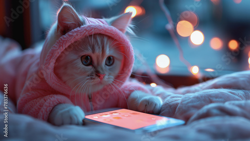 A kitten in a pink fluffy jacket with a hood is curious about a mobile phone. photo