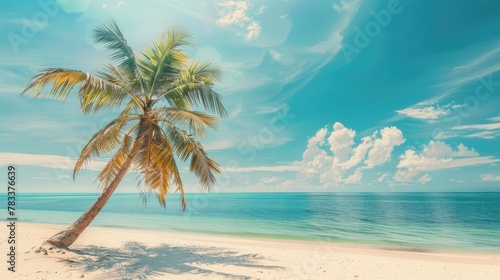 Palm tree on tropical beach with blue sky and white clouds abstract background. Copy space of summer vacation and business travel concept. Vintage tone filter effect color style. © buraratn