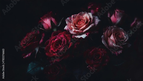 red and pink roses close up dark romantic background ai generated