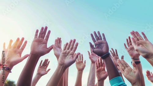 Panorama diversity multiethnic group of people success team together. Banner group of teamwork high five team together hands raise up power partner. Volunteer mission business partner with copy space © buraratn