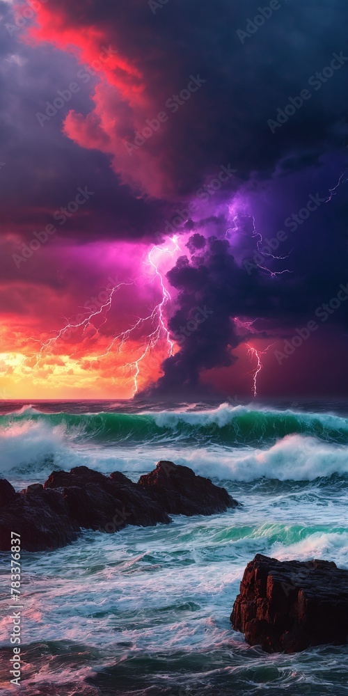Fototapeta premium Dark stormy sea with dramatic sky and lightnings