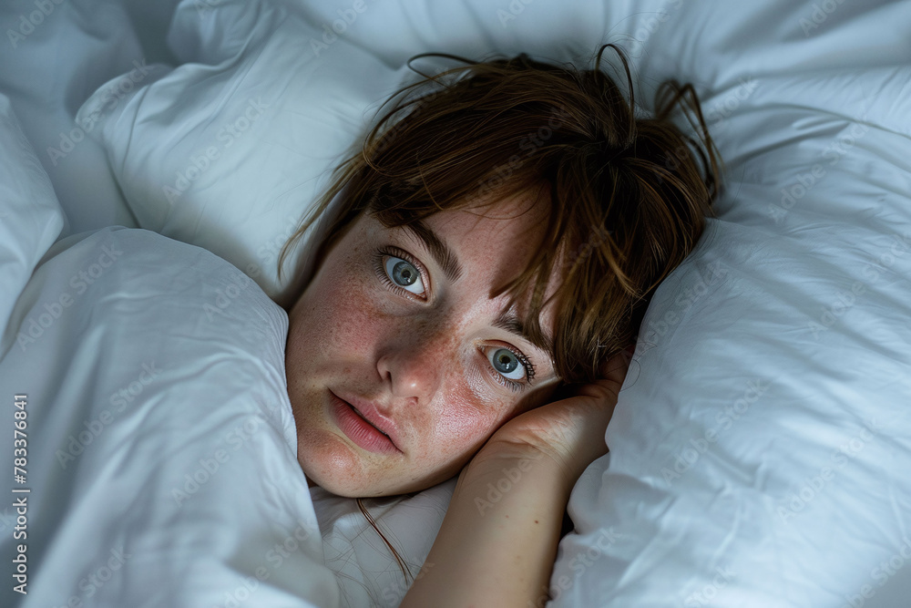 Woman with insomnia lying in bed with a worried look. Sleep disorder and health concept. Design for healthcare, educational materials, and sleep improvement guides. Woman with insomnia lying in bed with a worried look. Sleep disorder and health concept. Design for healthcare, educational materials, and sleep improvement guides.