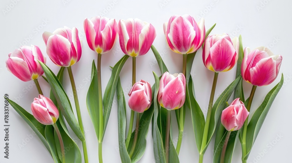 Fototapeta premium Pink tulip flowers bouquet on white background. Flat lay, top view.