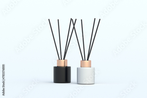 Two reed diffusers with aroma sticks on gray background.  Fragrance for home. Perfume oil. 3d render